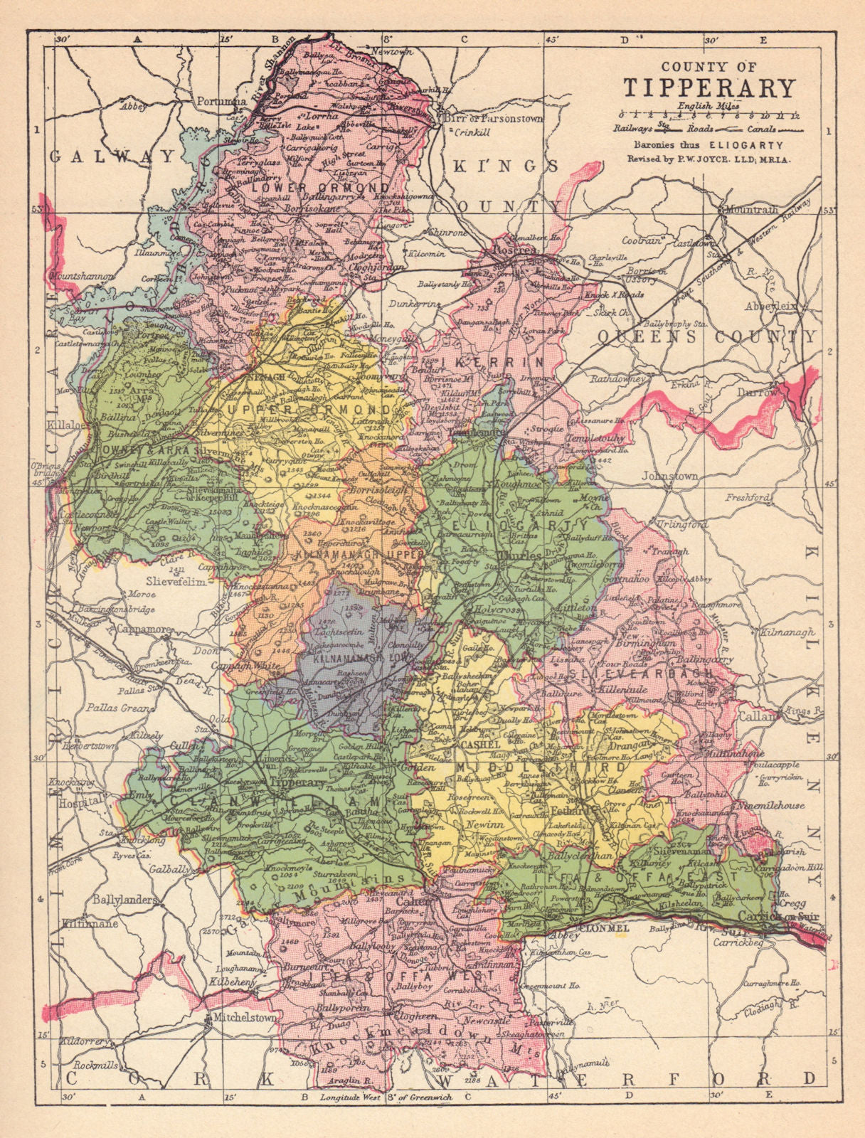 COUNTY TIPPERARY antique map. Munster. Ireland. JOYCE 1905 old